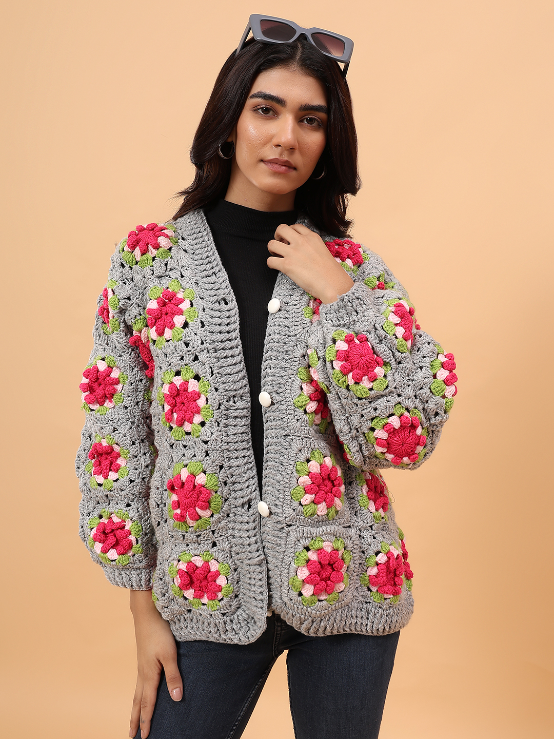 Velvery Granny Square Crochet Sweater - Light Grey