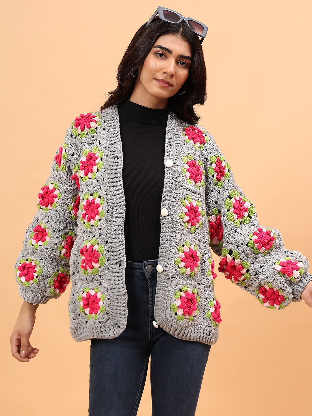 Velvery Granny Square Crochet Sweater - Light Grey