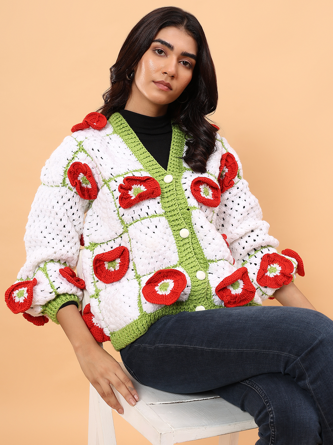 Velvery 3D Red Floral Crochet Sweater - White