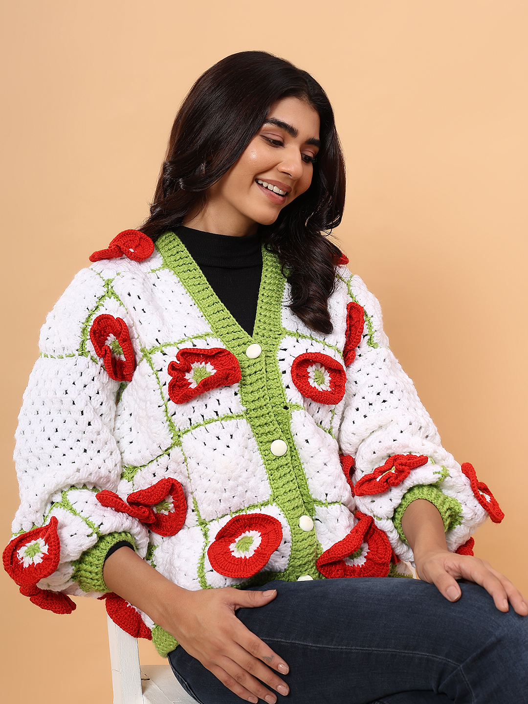Velvery 3D Red Floral Crochet Sweater - White