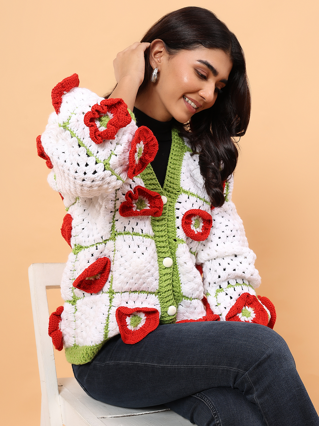 Velvery 3D Red Floral Crochet Sweater - White