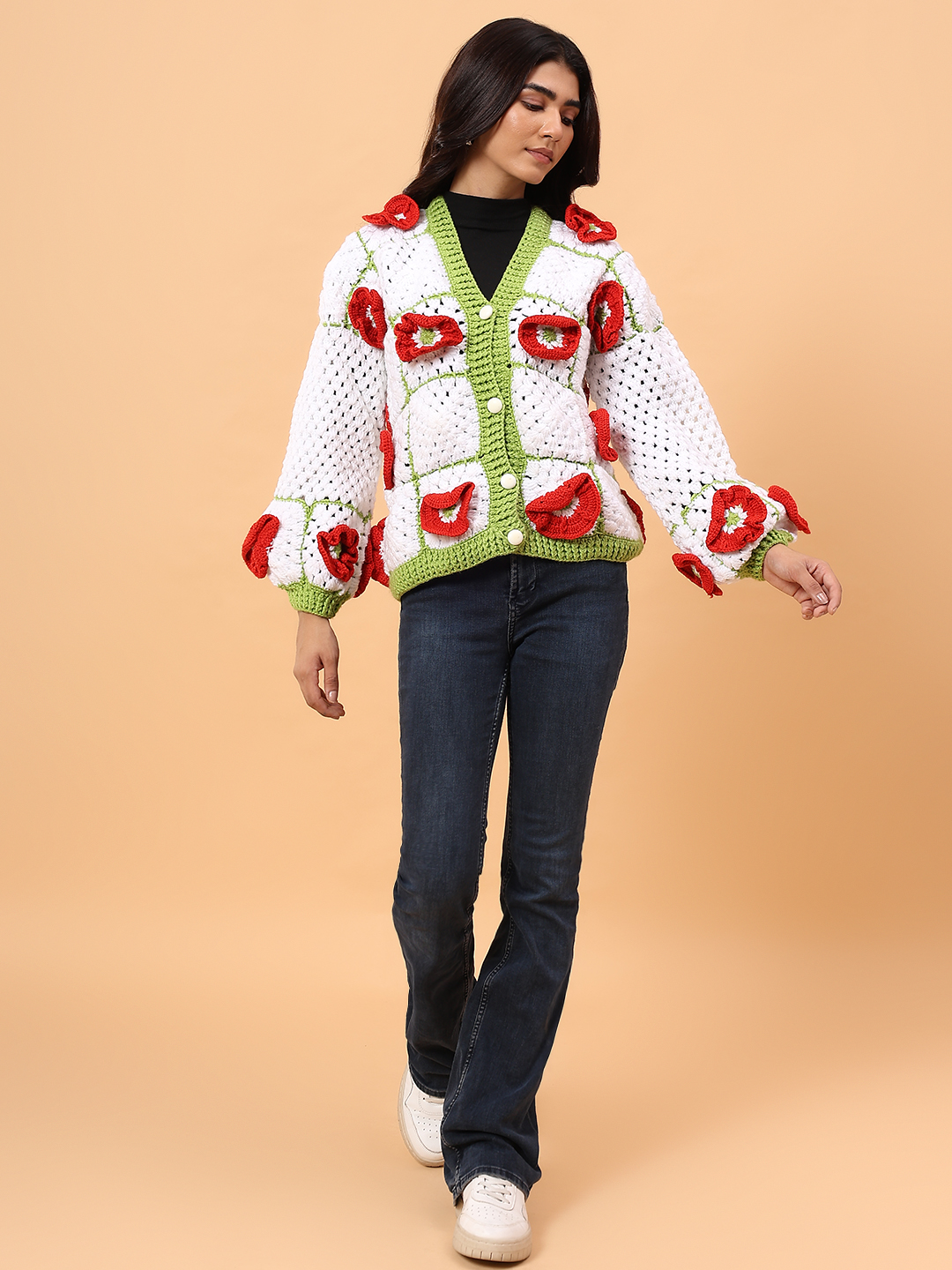 Velvery 3D Red Floral Crochet Sweater - White