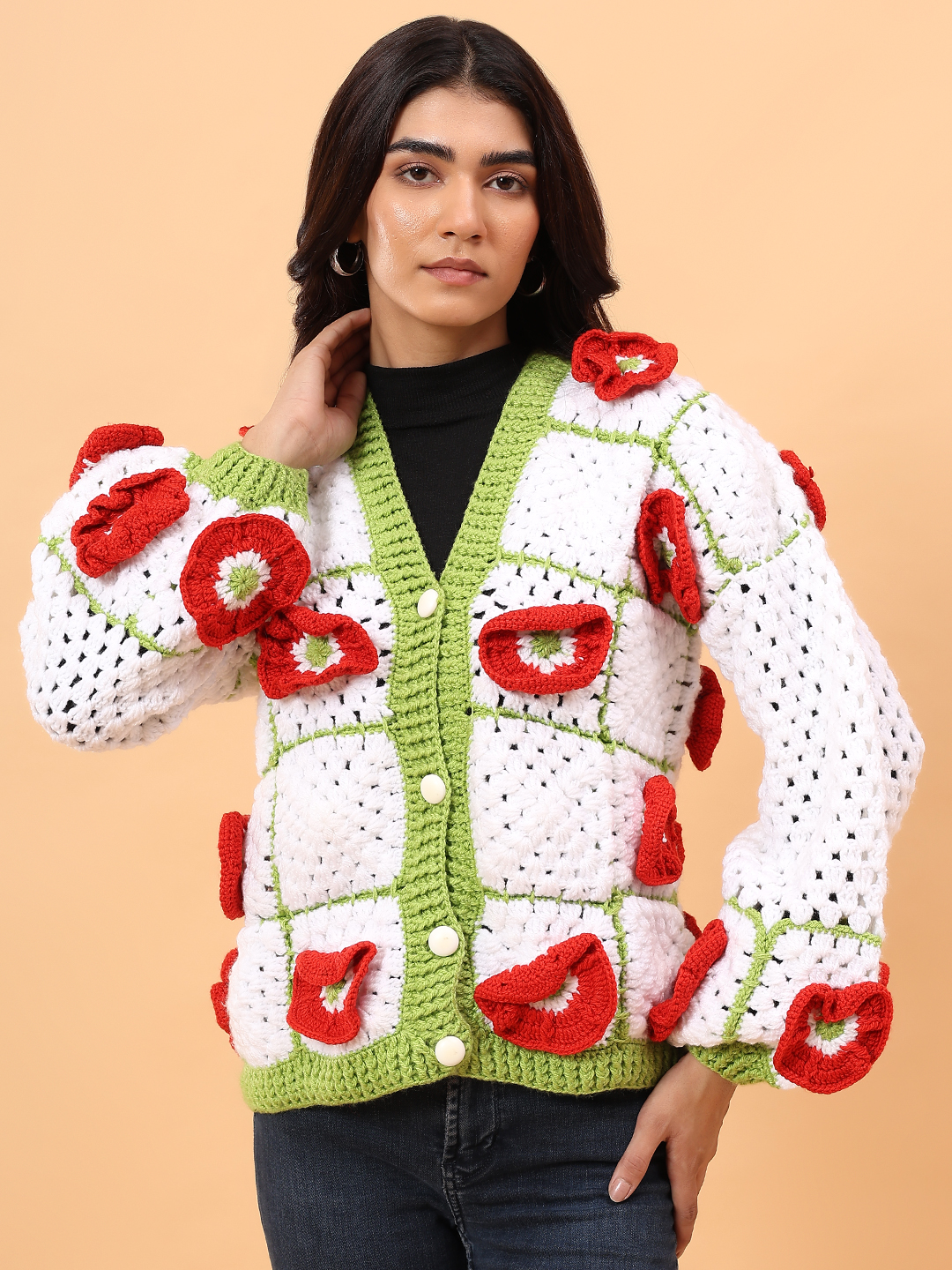 Velvery 3D Red Floral Crochet Sweater - White