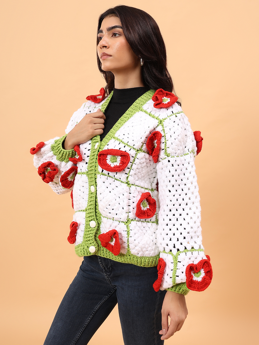 Velvery 3D Red Floral Crochet Sweater - White