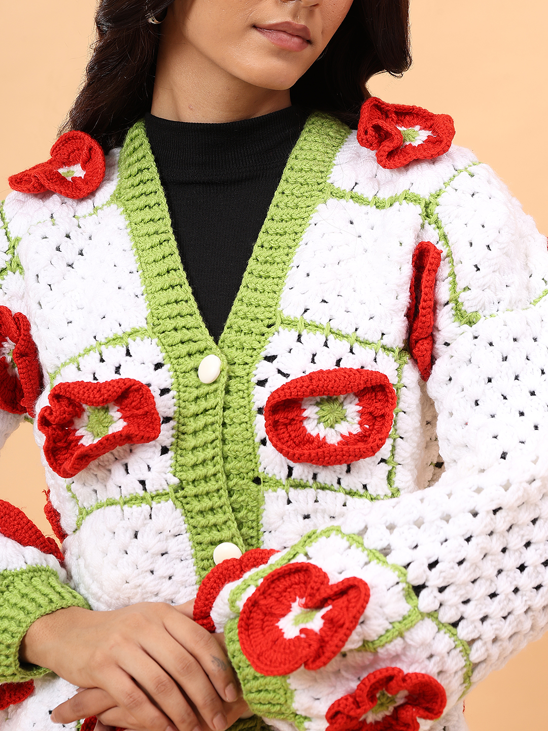 Velvery 3D Red Floral Crochet Sweater - White