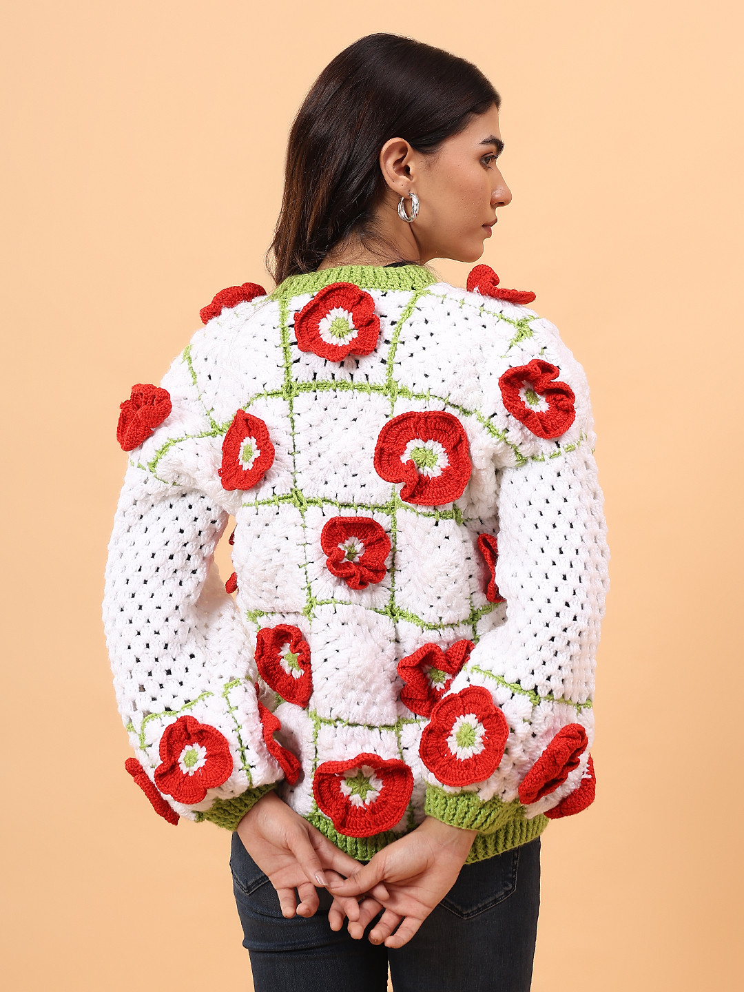 Velvery 3D Red Floral Crochet Sweater - White