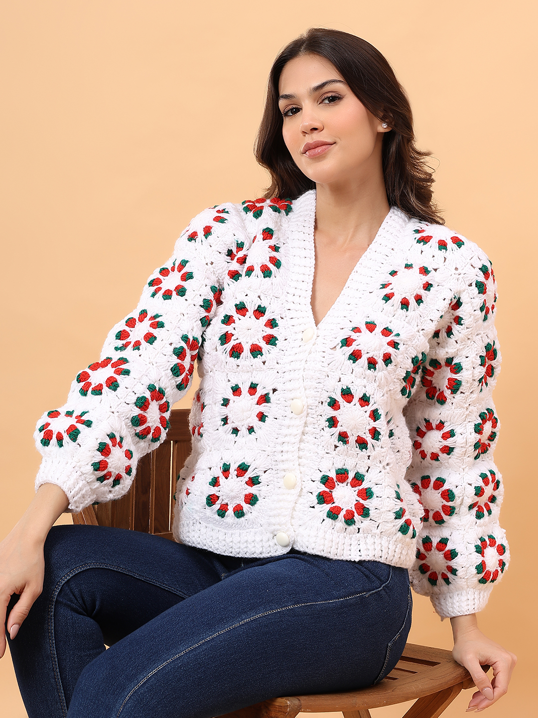 Velvery Self Design Sweater - White