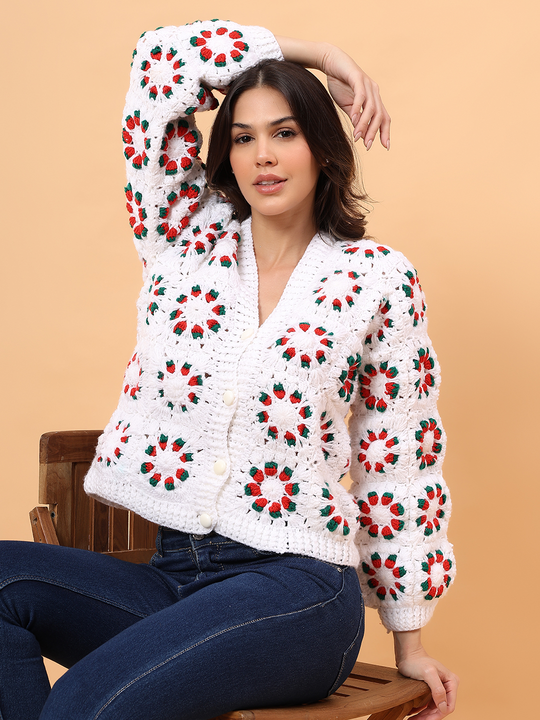 Velvery Self Design Sweater - White