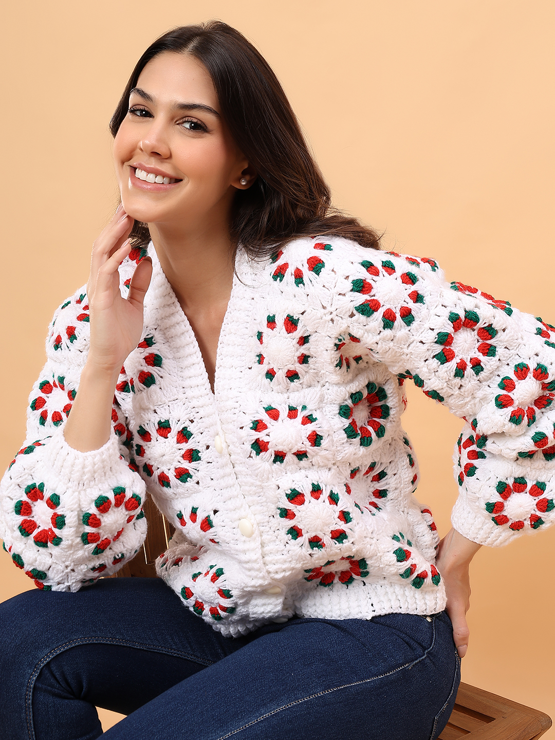 Velvery Self Design Sweater - White