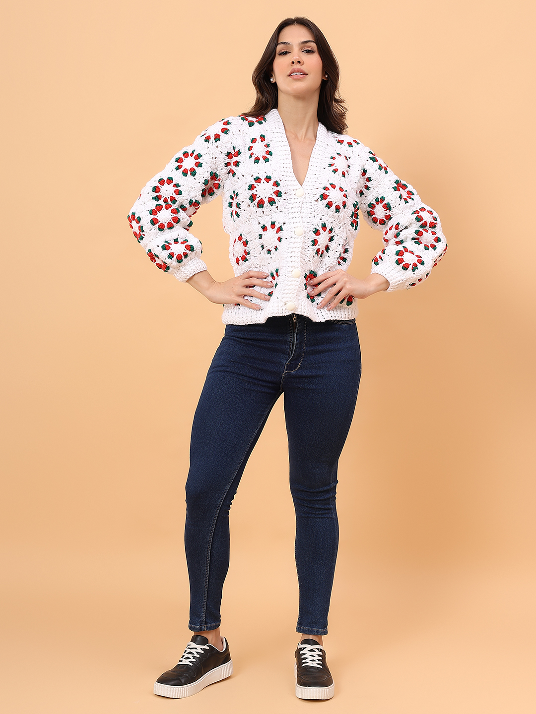 Velvery Self Design Sweater - White