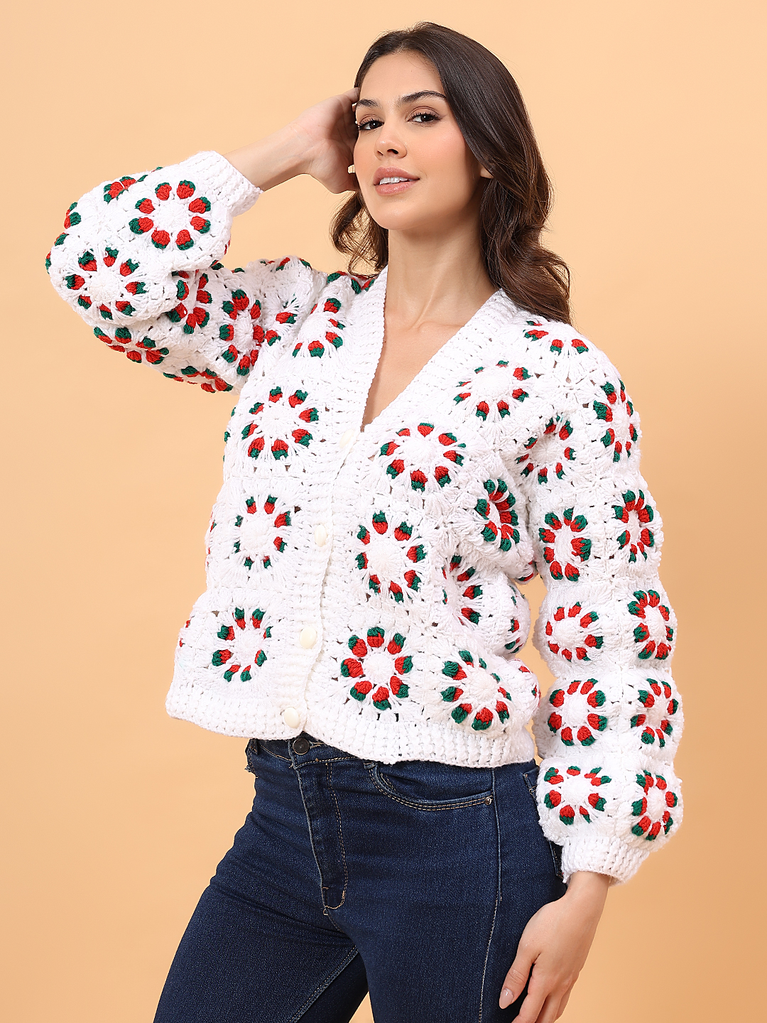 Velvery Self Design Sweater - White