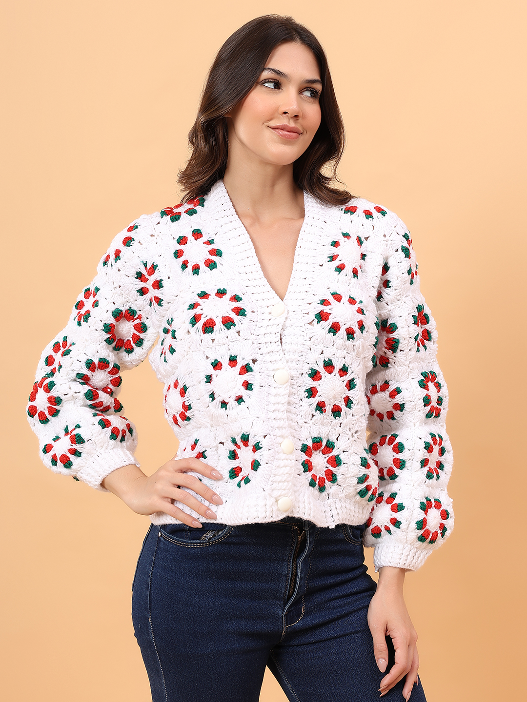 Velvery Self Design Sweater - White