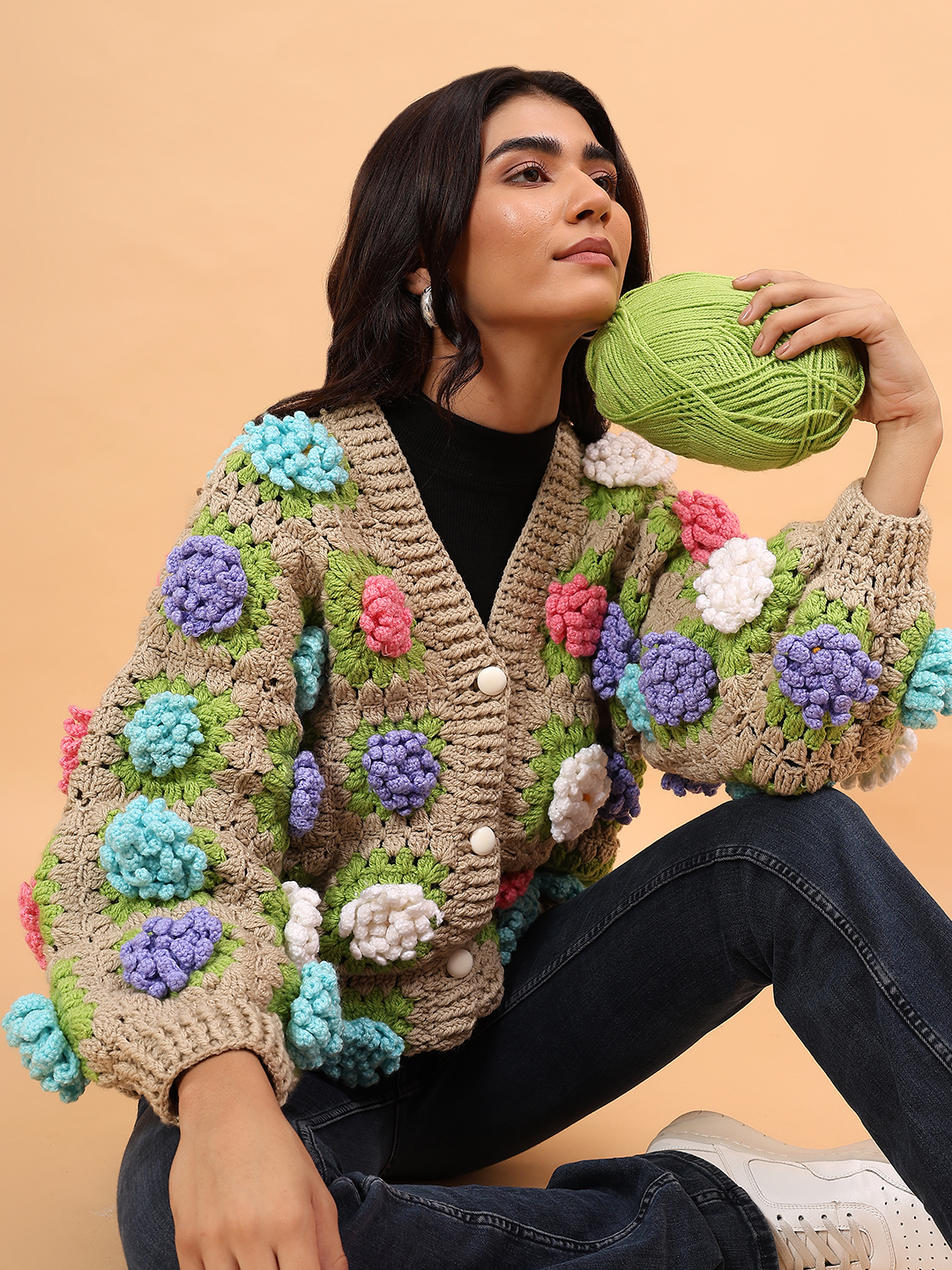 Velvery Colorful Floral Sweater - Beige