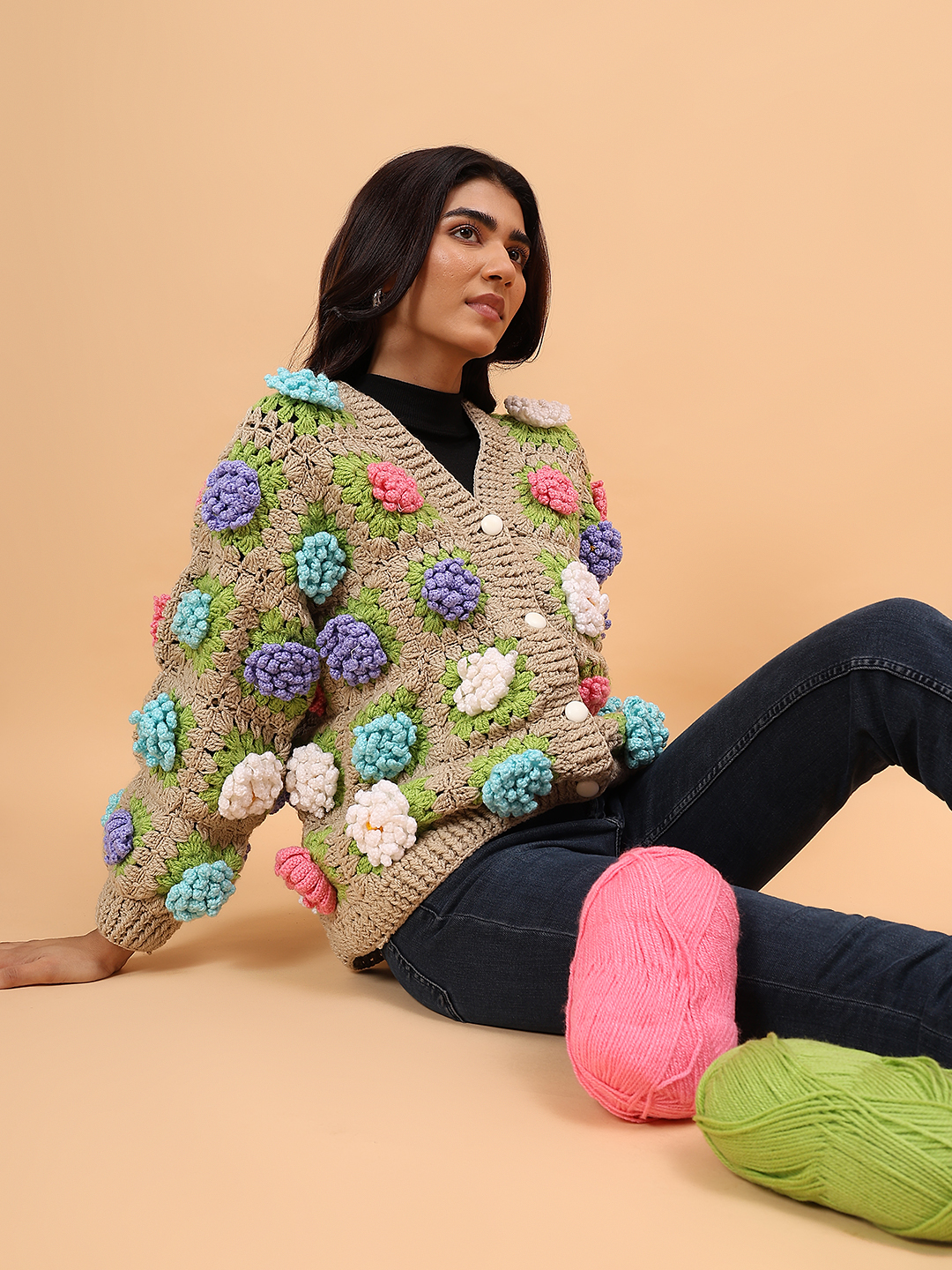 Velvery Colorful Floral Sweater - Beige