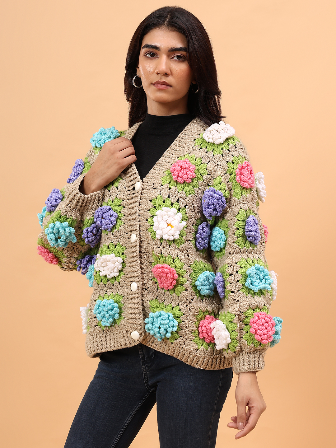 Velvery Colorful Floral Sweater - Beige