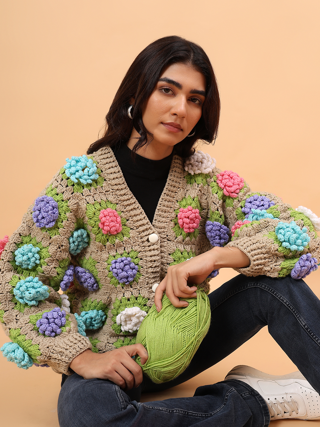 Velvery Colorful Floral Sweater - Beige