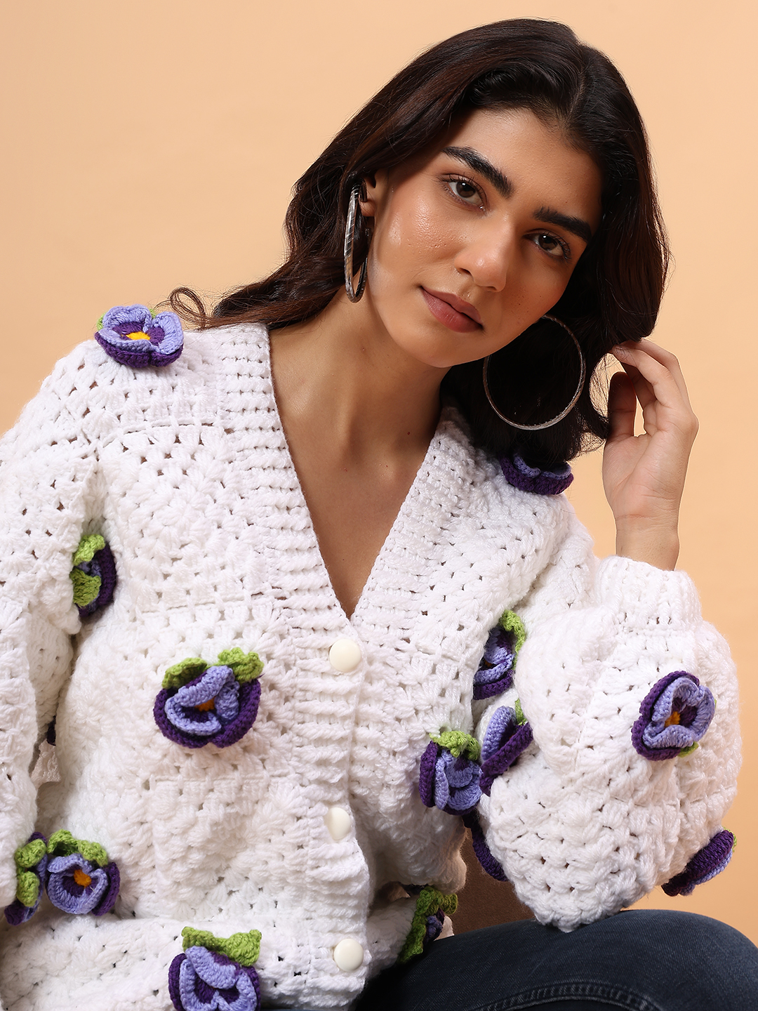 3D Petunia Floral Applique Sweater - White