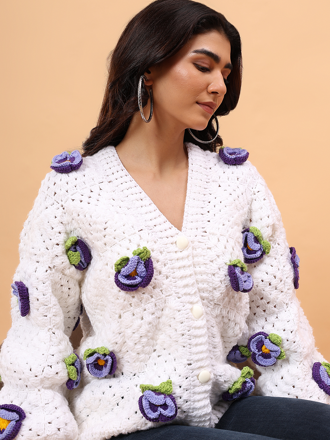 3D Petunia Floral Applique Sweater - White
