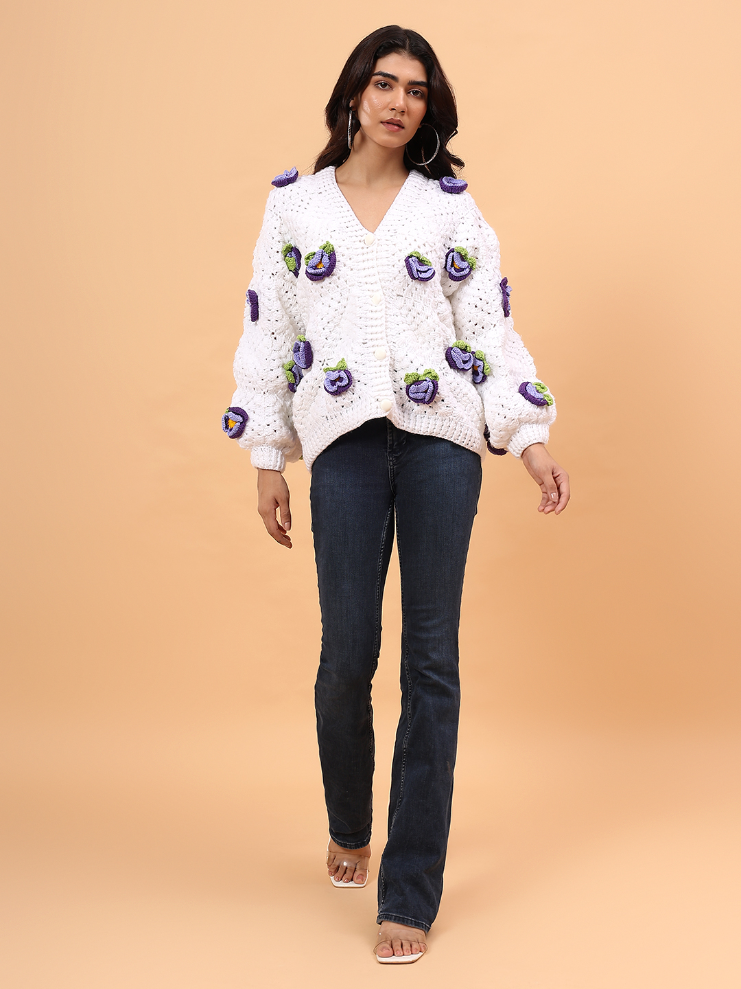 3D Petunia Floral Applique Sweater - White