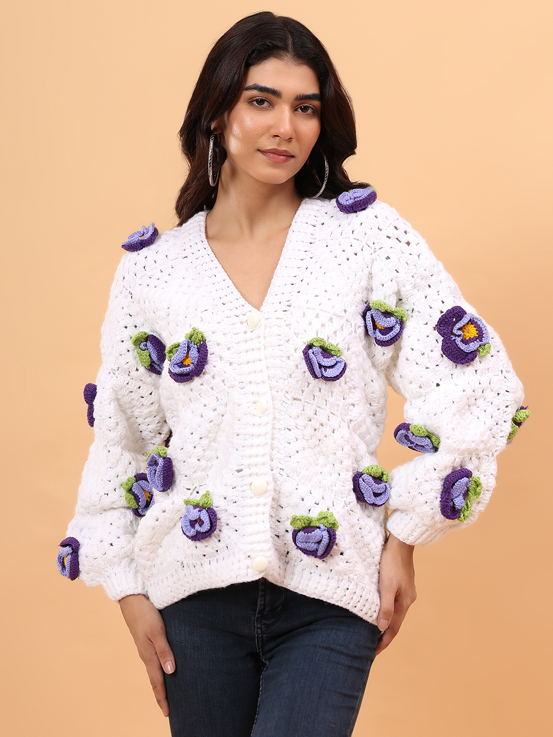 3D Petunia Floral Applique Sweater - White