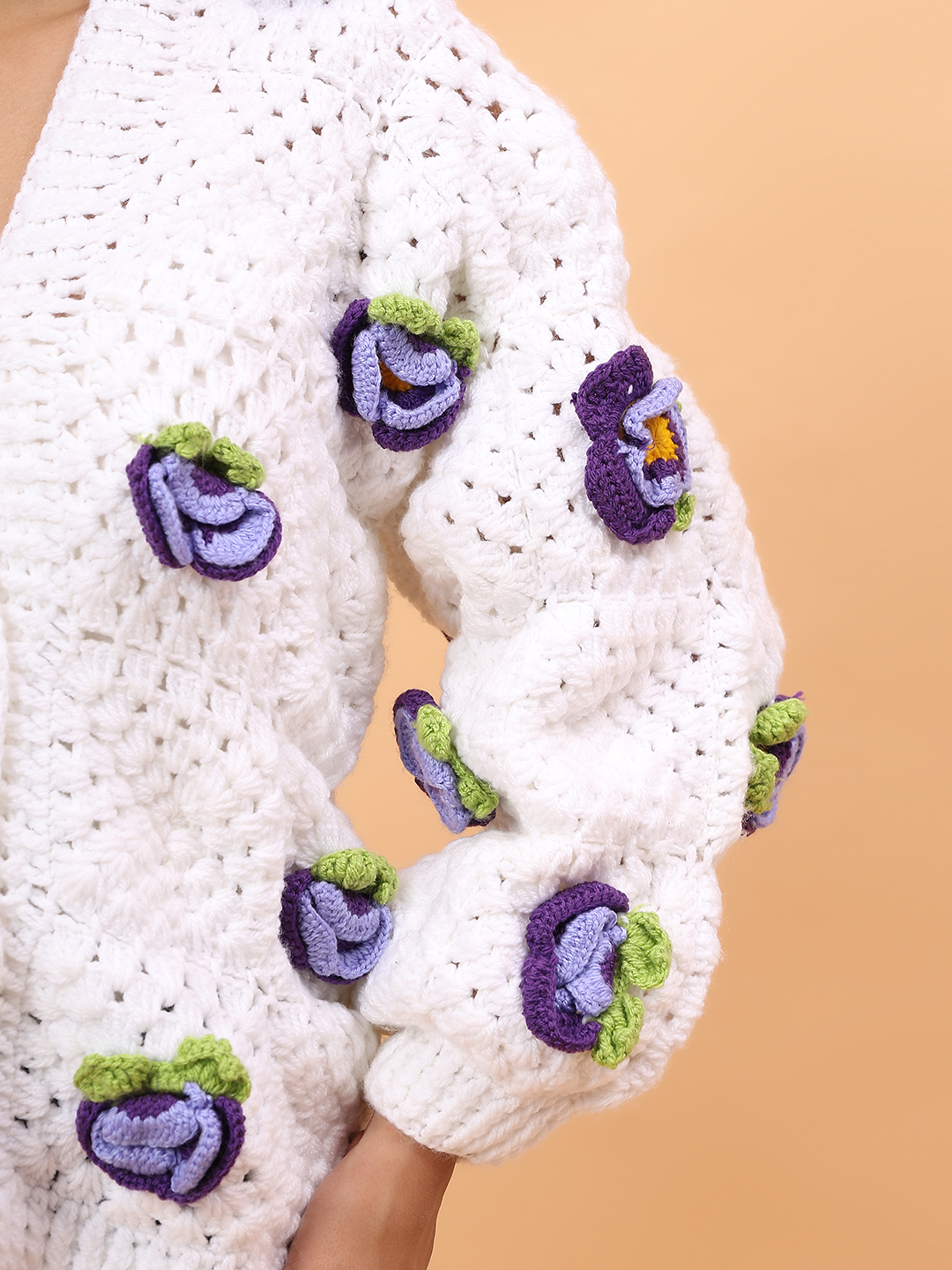 3D Petunia Floral Applique Sweater - White