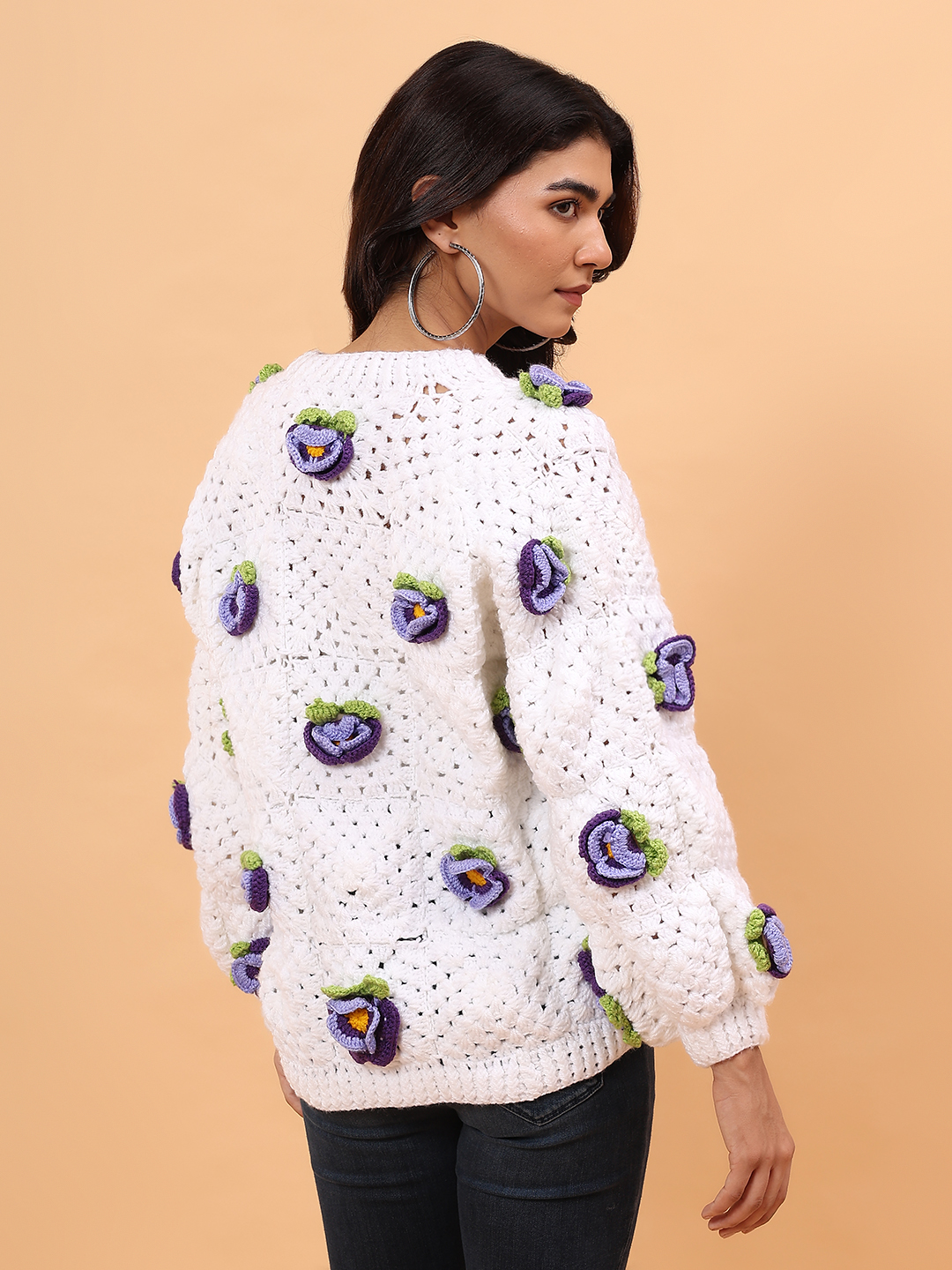 3D Petunia Floral Applique Sweater - White
