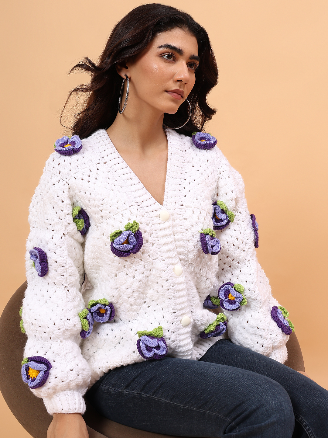 3D Petunia Floral Applique Sweater - White