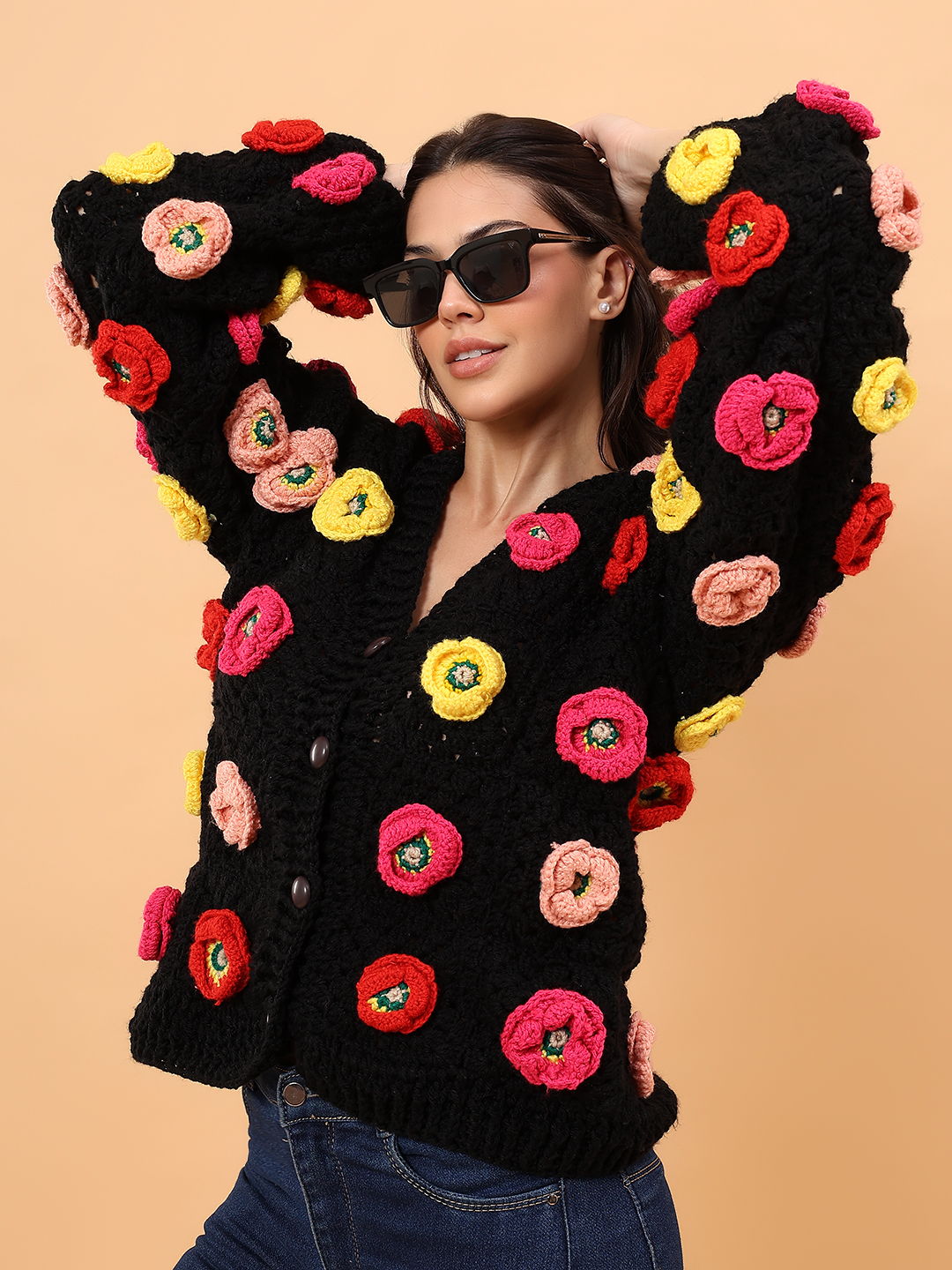 Velvery Colorful Floral Applique Sweater - Black