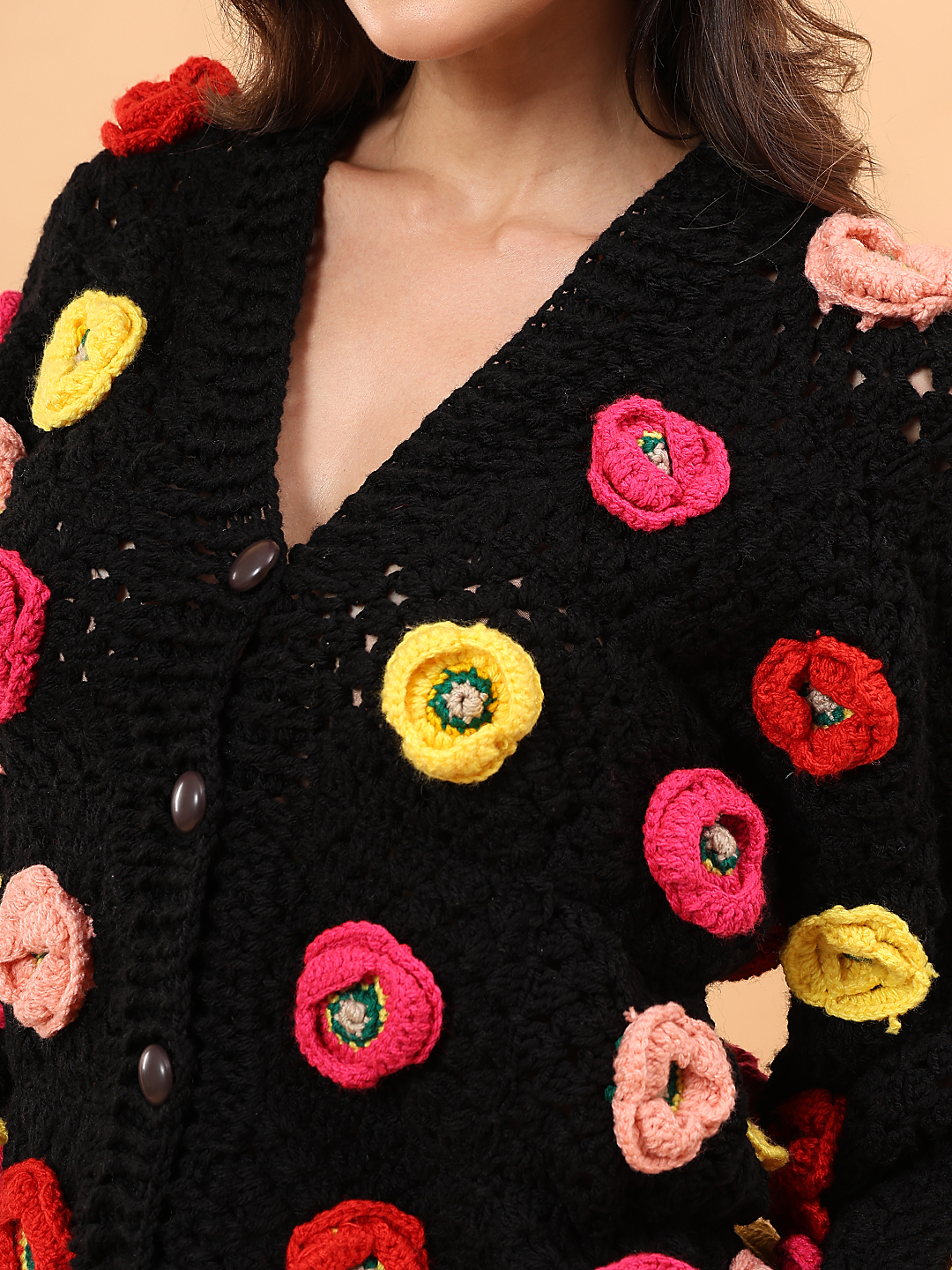 Velvery Colorful Floral Applique Sweater - Black