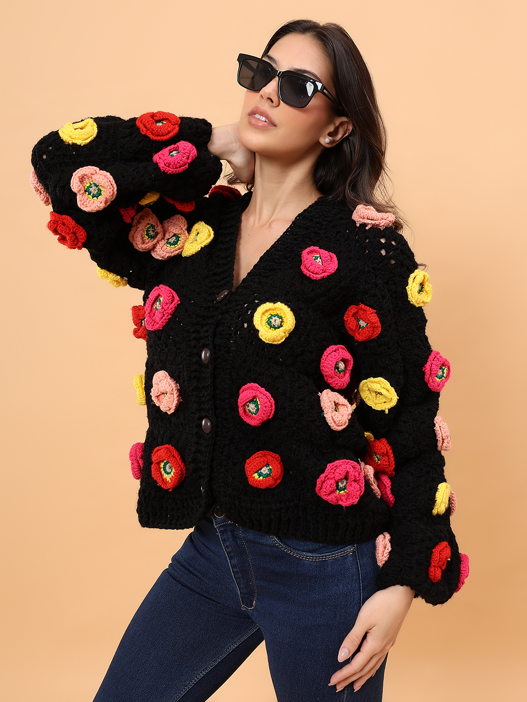 Velvery Colorful Floral Applique Sweater - Black