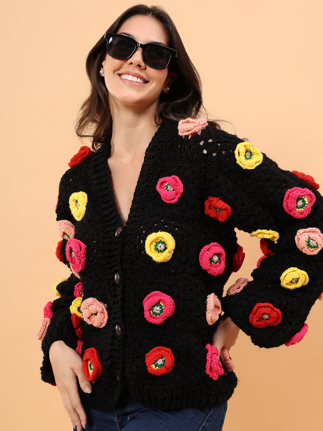 Velvery Colorful Floral Applique Sweater - Black