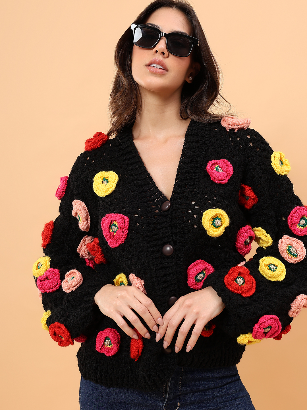 Velvery Colorful Floral Applique Sweater - Black