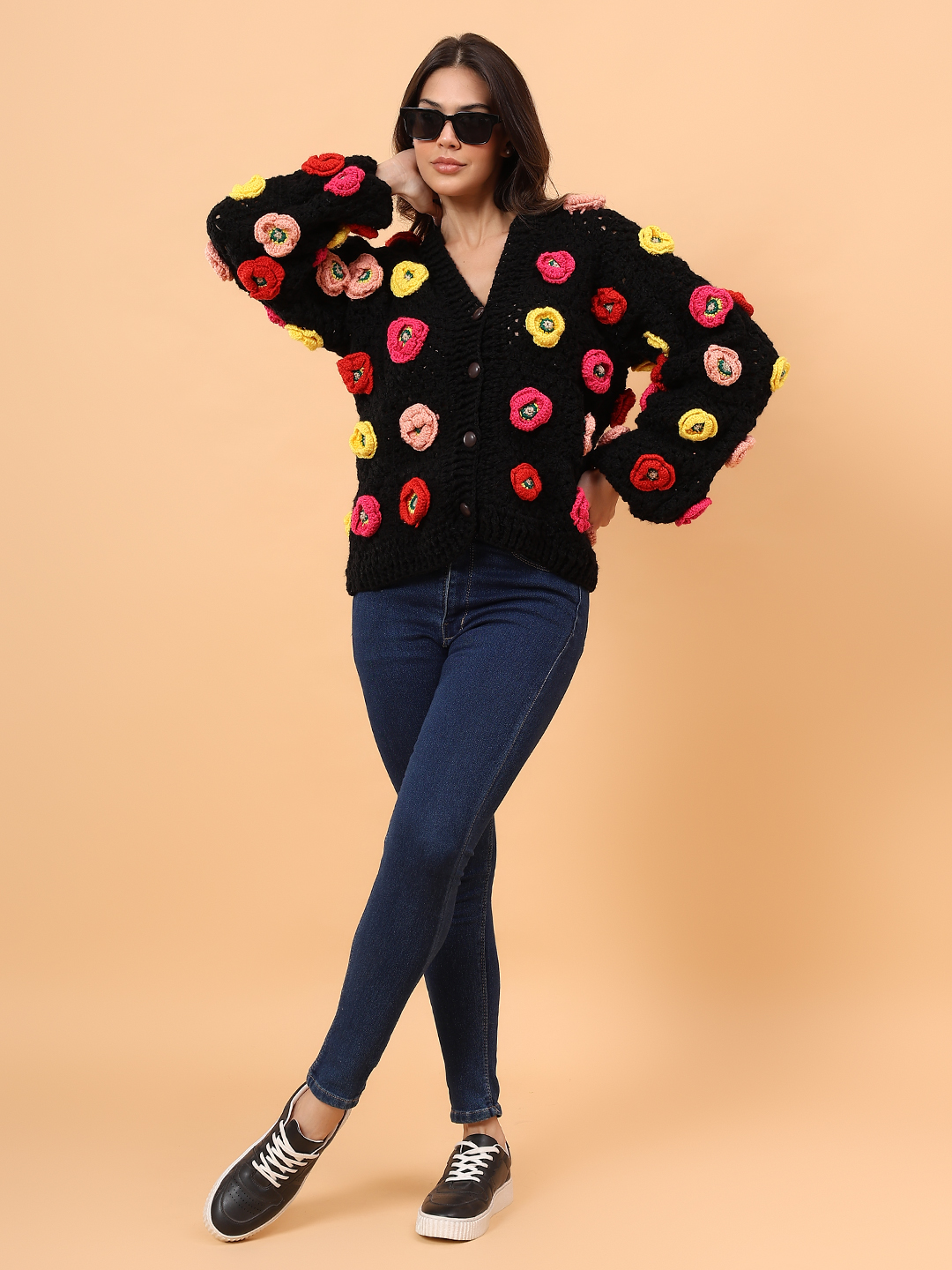 Velvery Colorful Floral Applique Sweater - Black