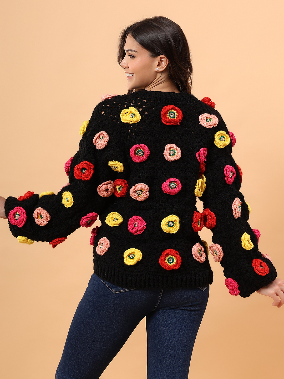Velvery Colorful Floral Applique Sweater - Black