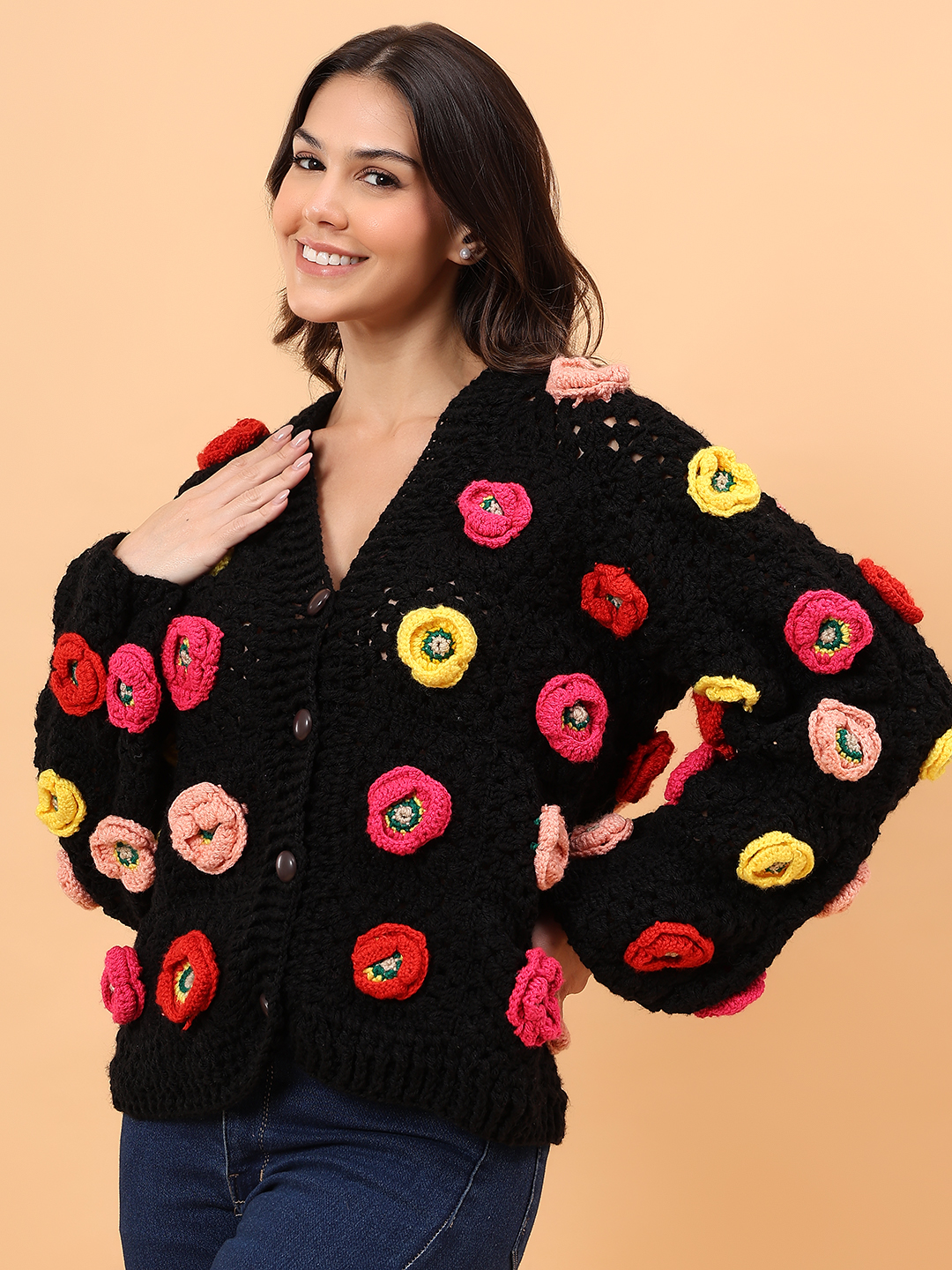 Velvery Colorful Floral Applique Sweater - Black