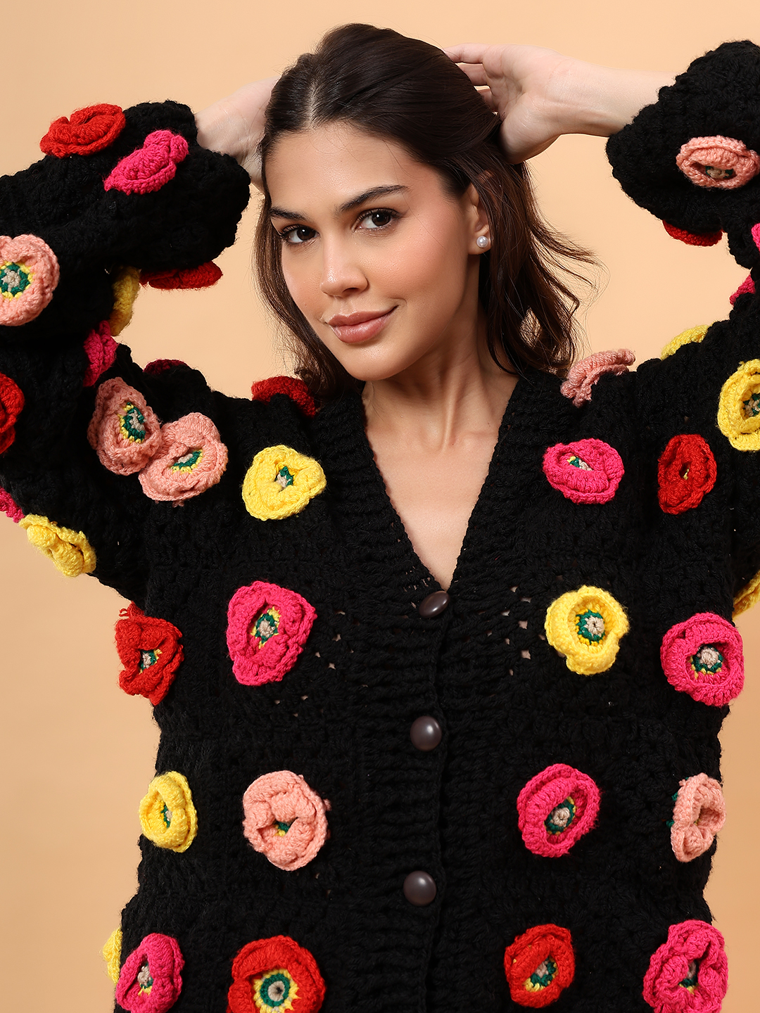 Velvery Colorful Floral Applique Sweater - Black
