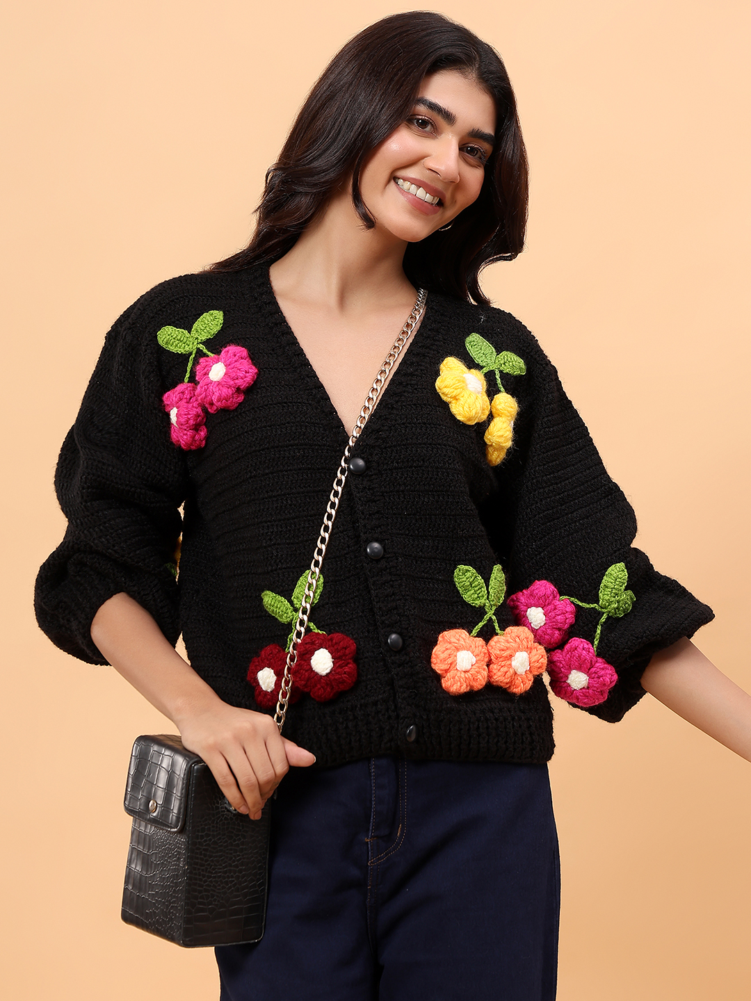 Velvery Colorful Hanging Flowers Crop Cardigan - Black