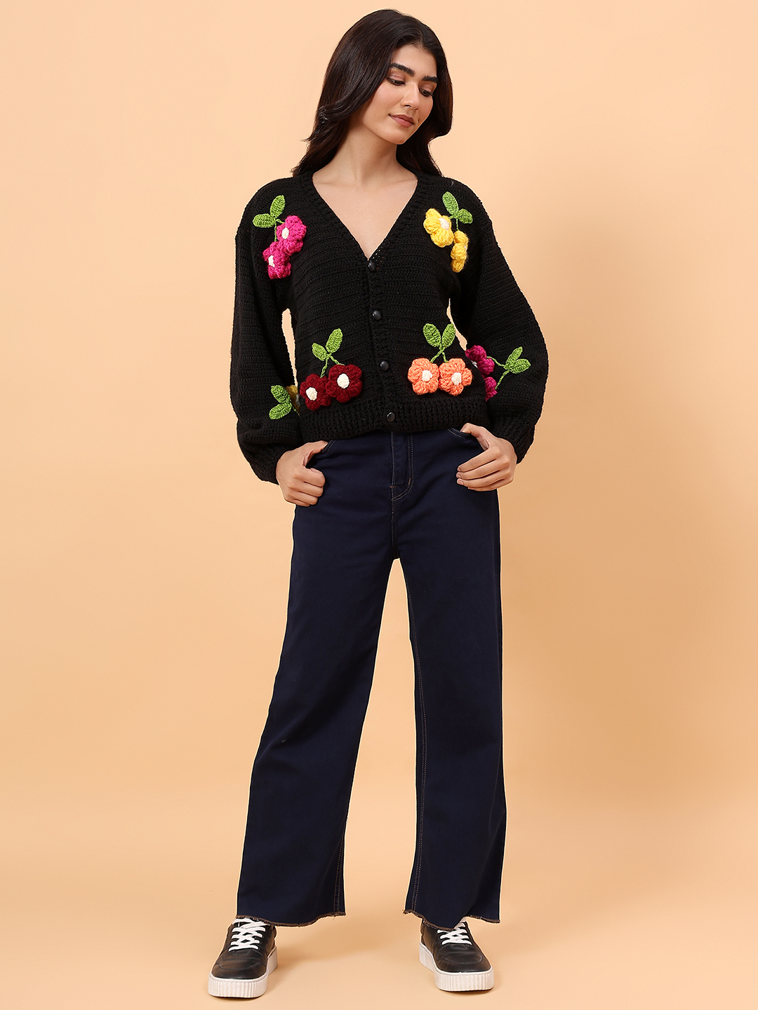 Velvery Colorful Hanging Flowers Crop Cardigan - Black