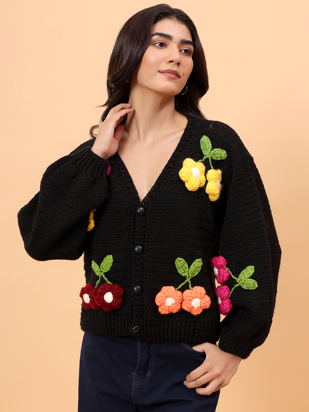 Velvery Colorful Hanging Flowers Crop Cardigan - Black