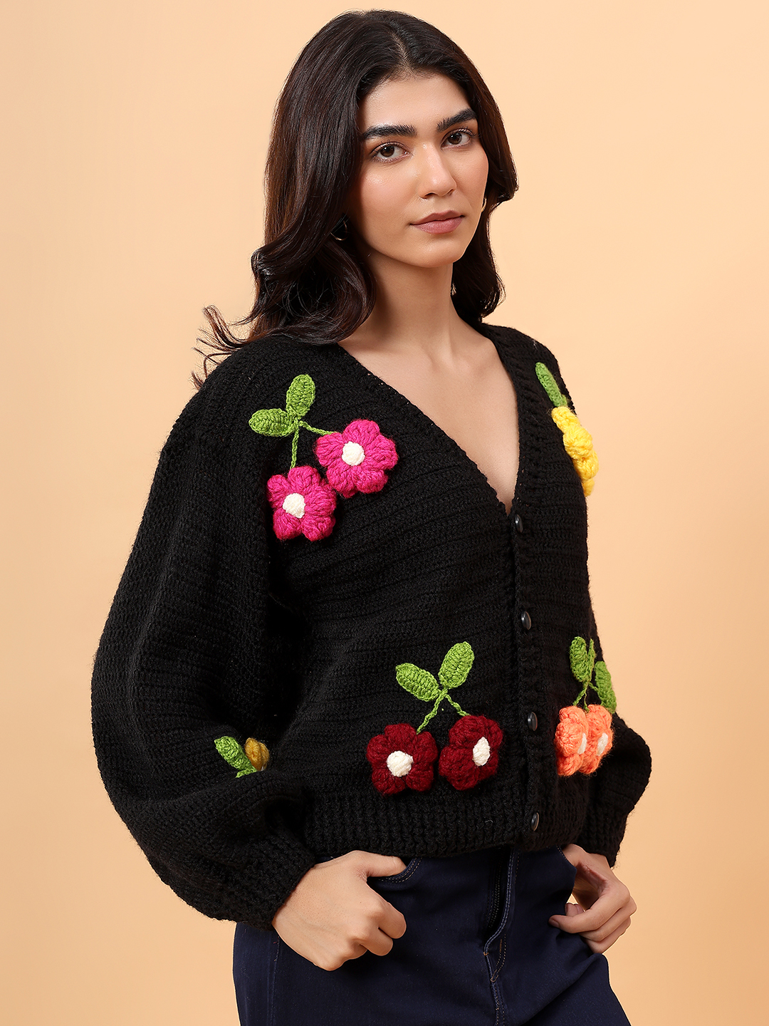 Velvery Colorful Hanging Flowers Crop Cardigan - Black