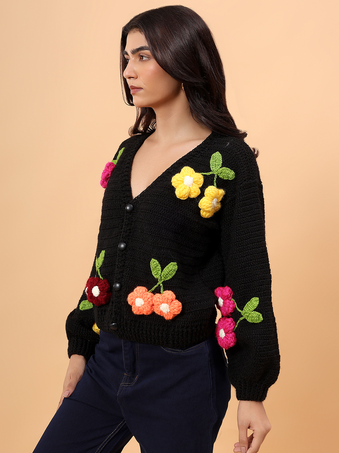 Velvery Colorful Hanging Flowers Crop Cardigan - Black