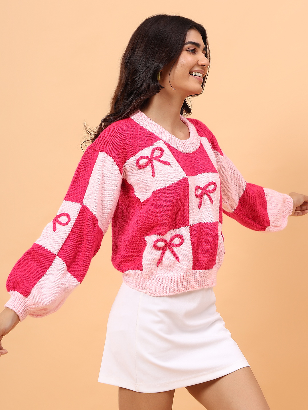 Handknitted Bow Pullover - Pink