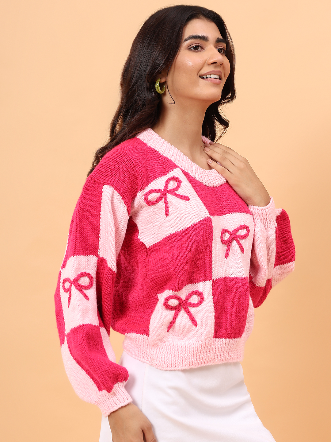 Handknitted Bow Pullover - Pink