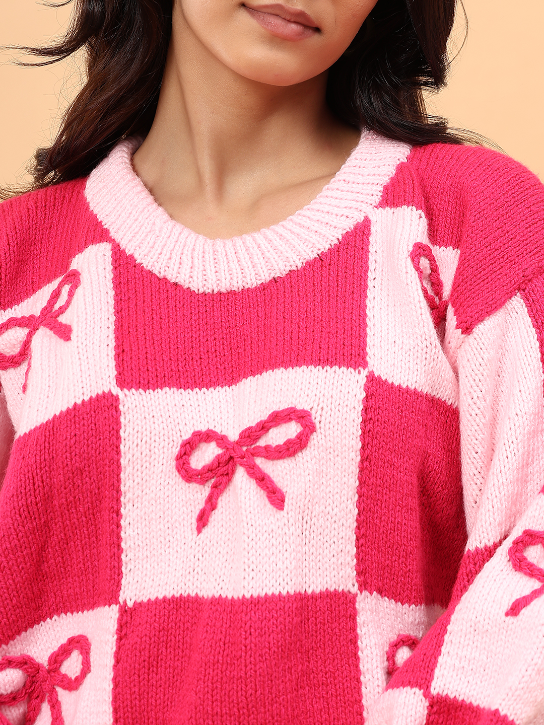 Handknitted Bow Pullover - Pink