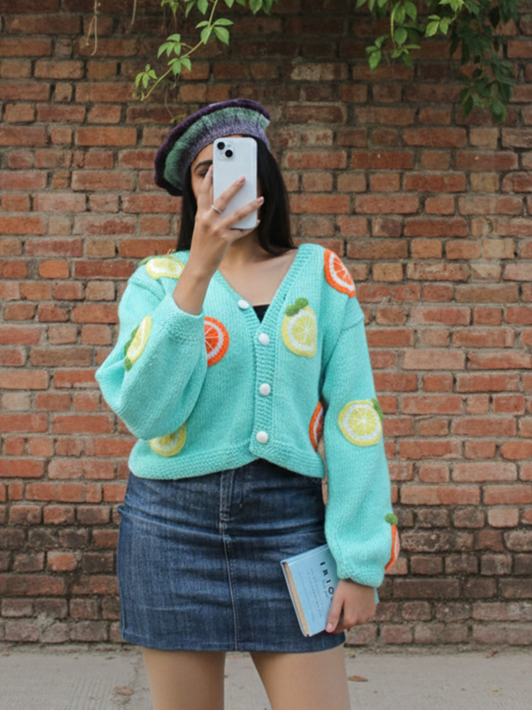 Image of Velvery Lemon and Orange Designed Handknitted Cardigan - Turquoise