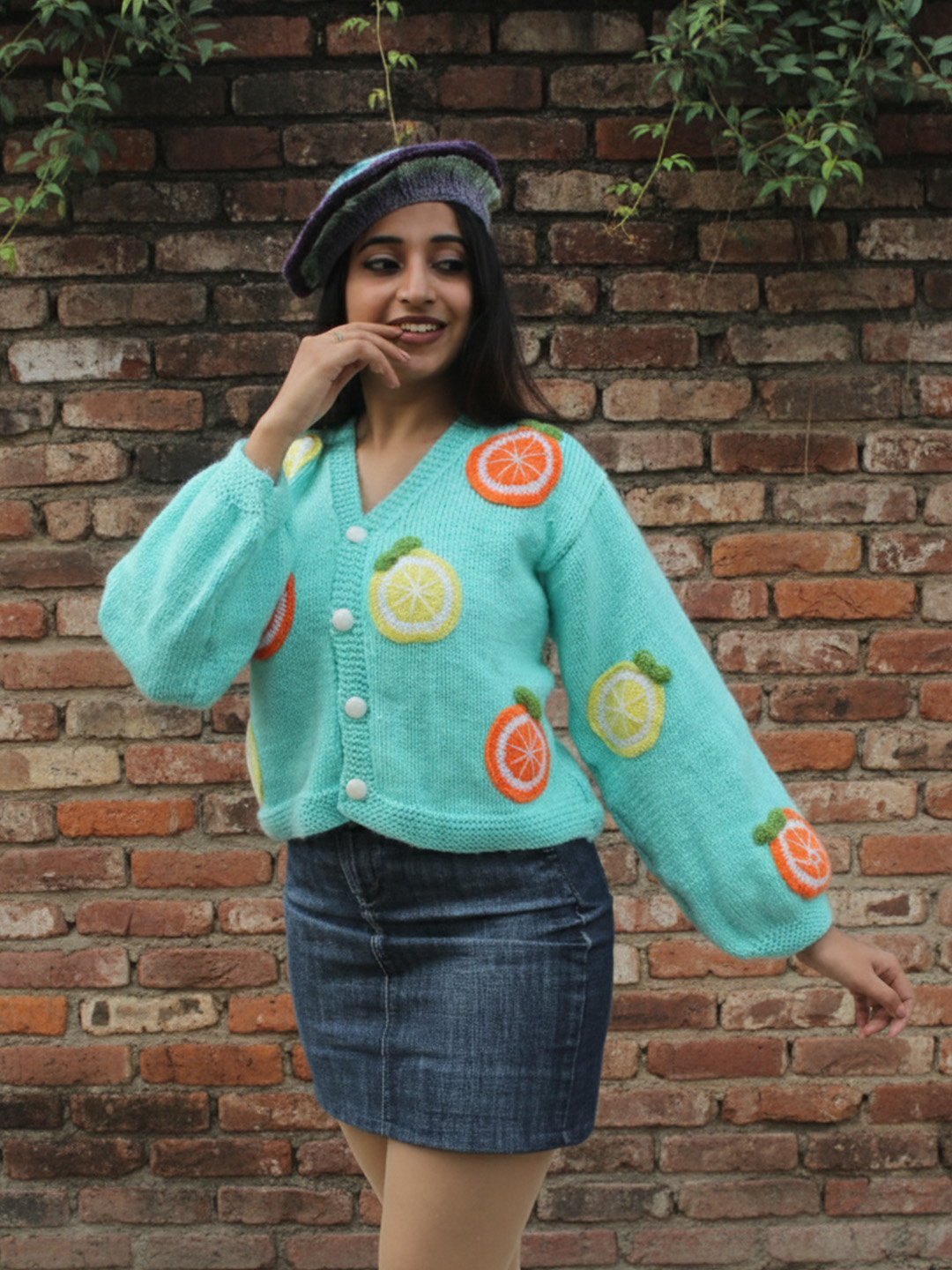Velvery Lemon and Orange Designed Handknitted Cardigan - Turquoise