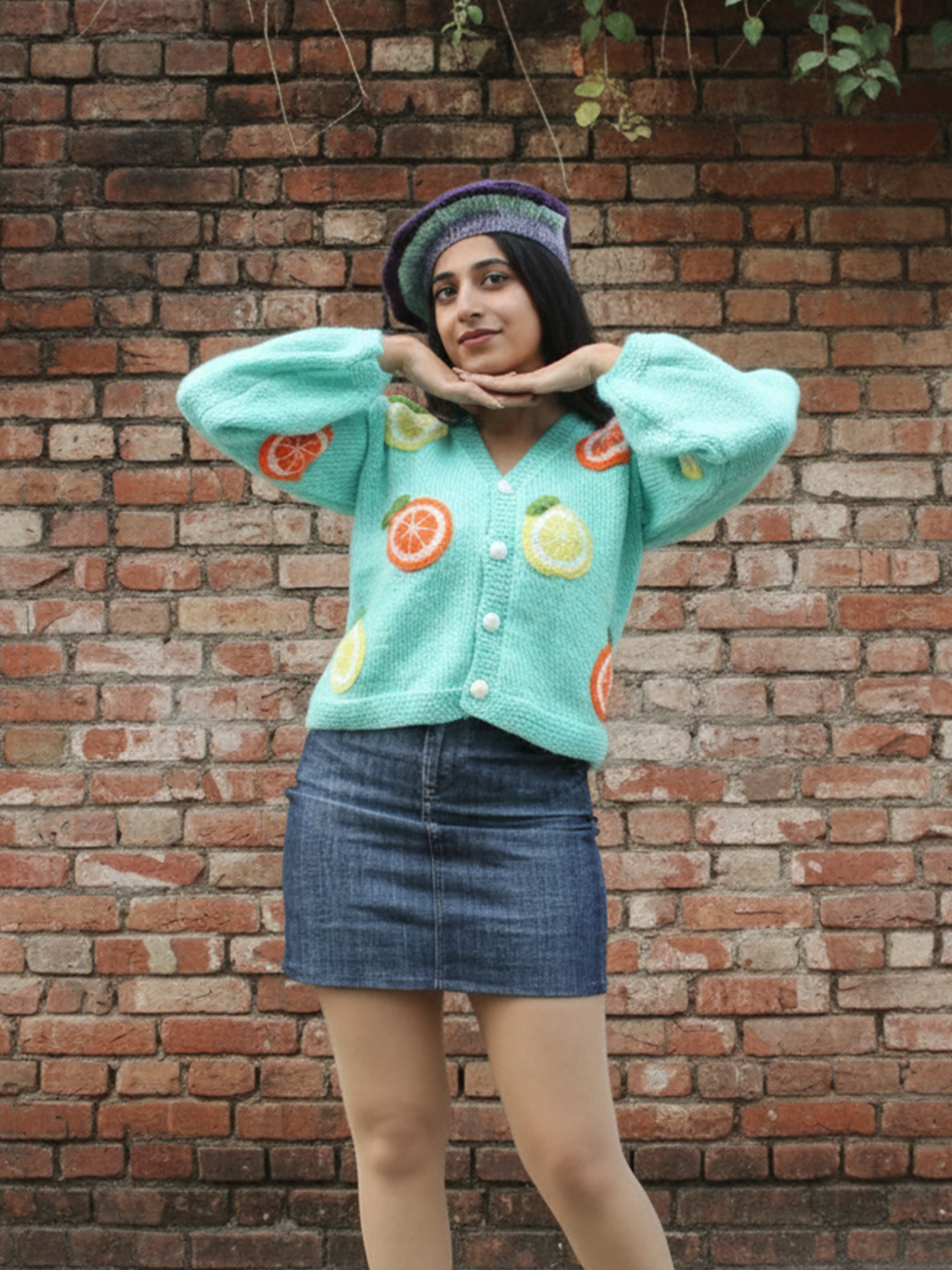 Velvery Lemon and Orange Designed Handknitted Cardigan - Turquoise