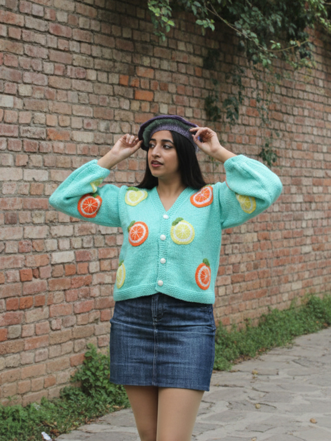 Velvery Lemon and Orange Designed Handknitted Cardigan - Turquoise