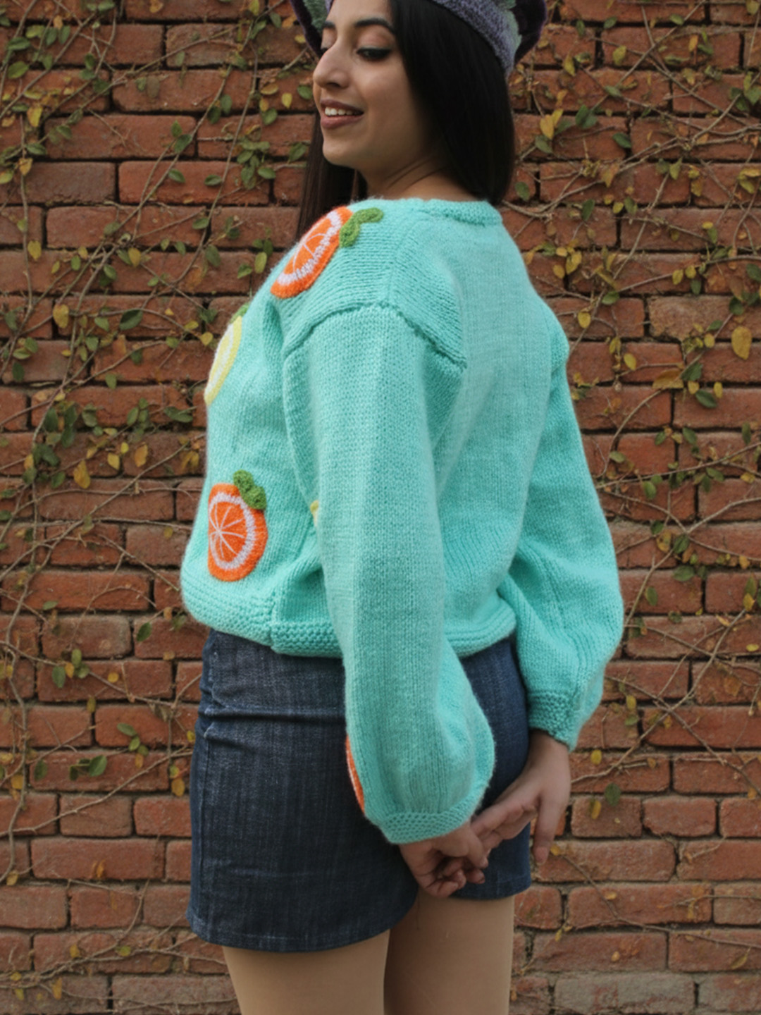 Velvery Lemon and Orange Designed Handknitted Cardigan - Turquoise