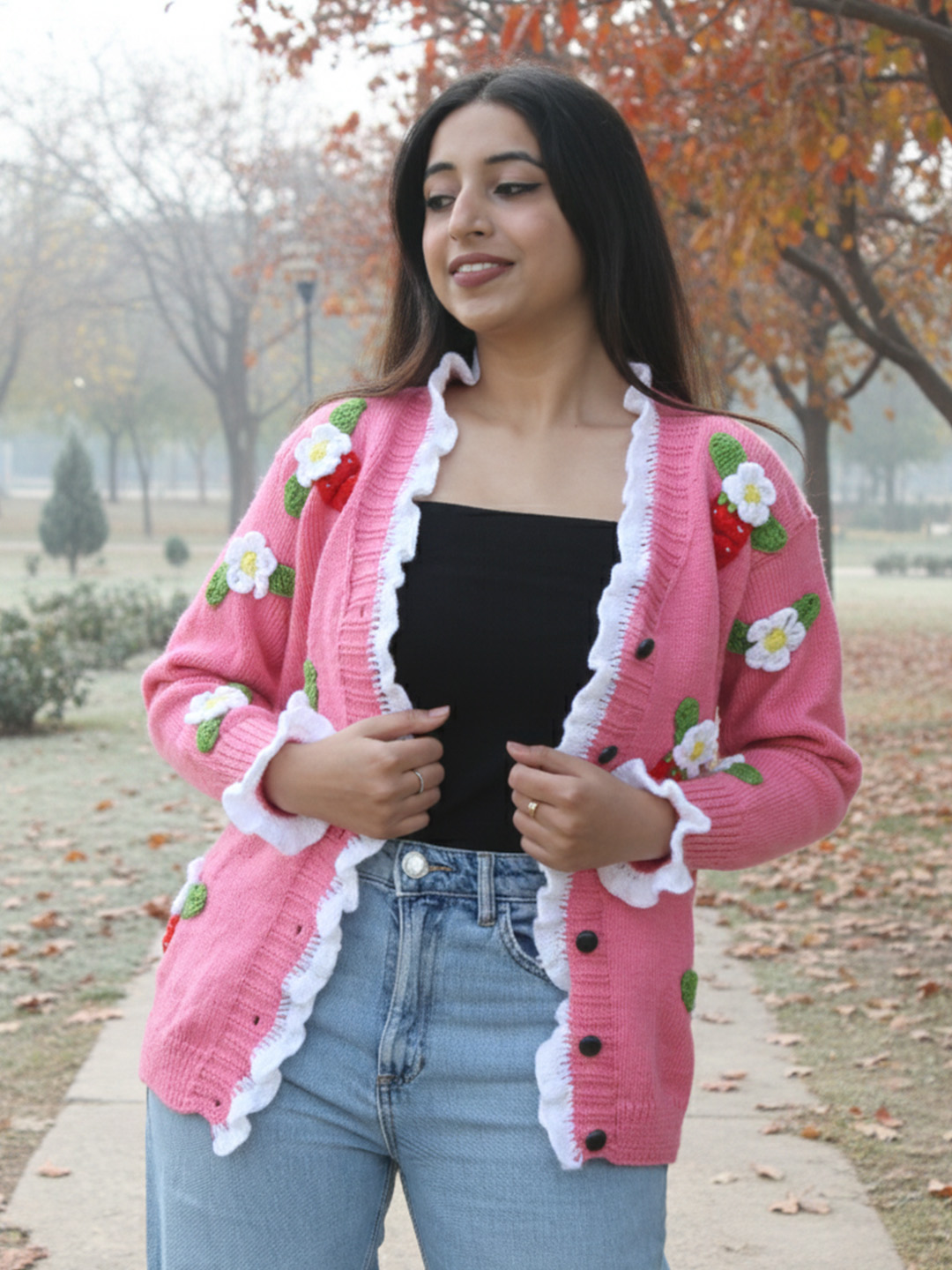 Velvery Floral Applique Long Cardigan - Pink